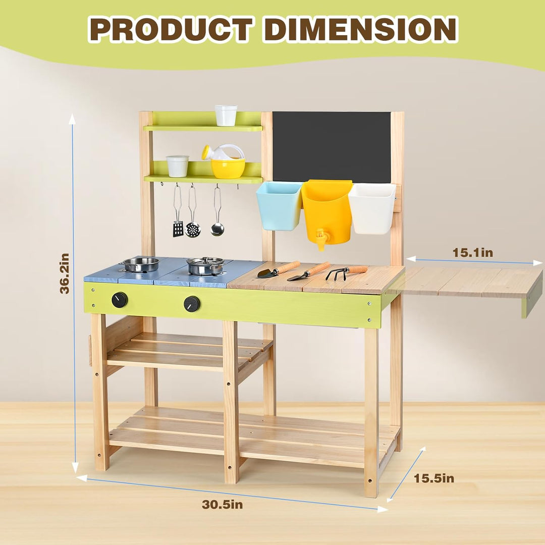 Dreamon Matschküche Kinder Outdoor, Holz-Spielküchenset mit Abnehmbarer Spüle, Kreidetafel, Gartensp