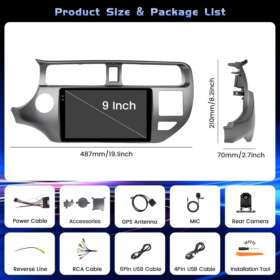 Hikity 4+64G 9" Android Autoradio für KIA Rio 2012-2015 Wireless CarPlay | Incell Touchscreen GPS Na