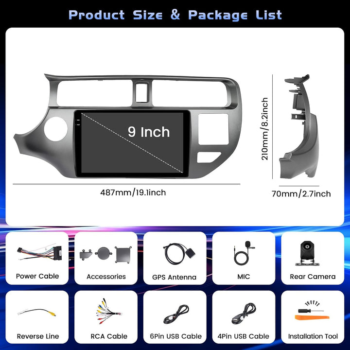 Hikity 4+64G 9" Android Autoradio für KIA Rio 2012-2015 Wireless CarPlay | Incell Touchscreen GPS Na