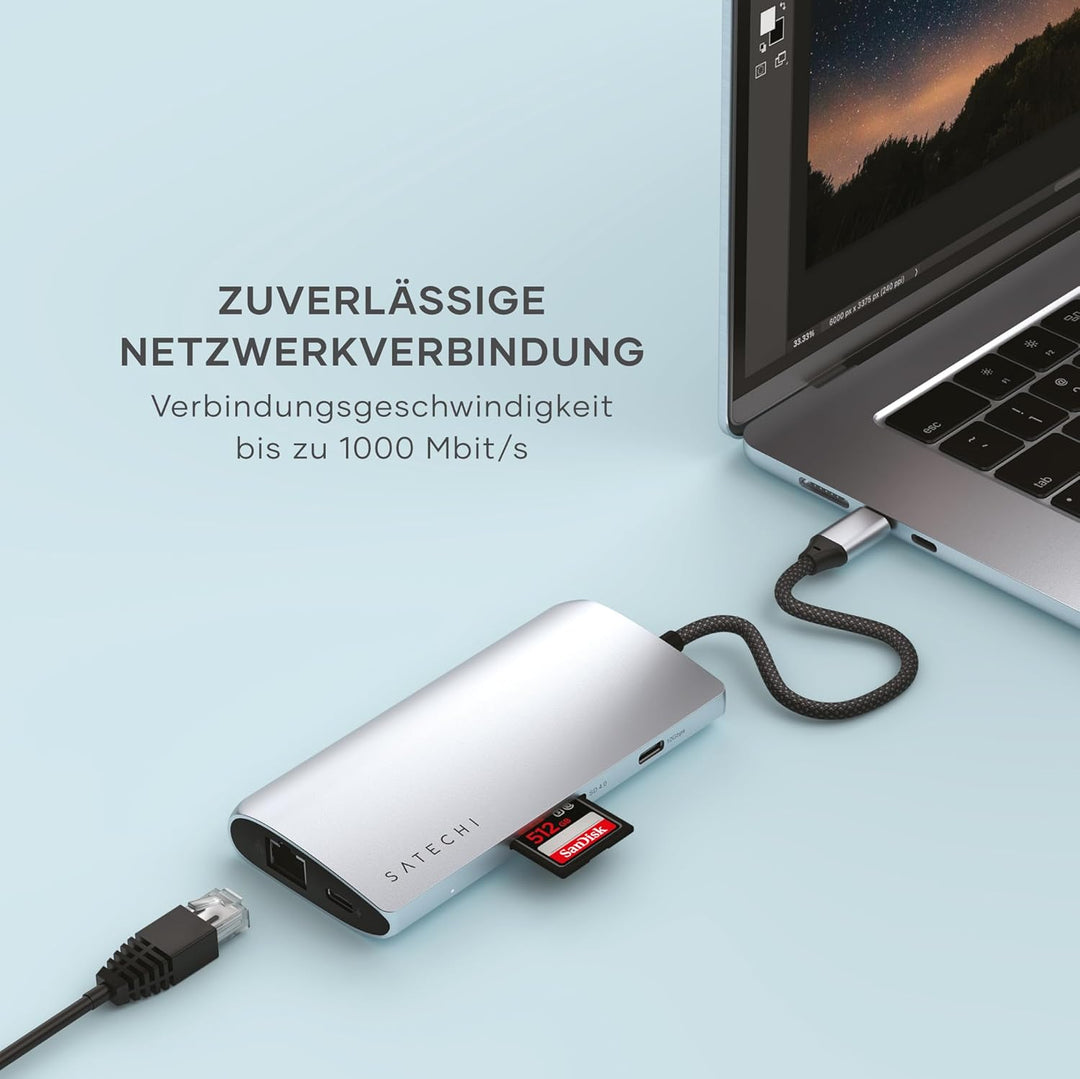 SATECHI 8-in-1 USB-C Hub V3 mit Ethernet, 85 W PD-Ladefunktion, 8K HDMI, 4 USB-C Portsmit 10 Gbit/s,
