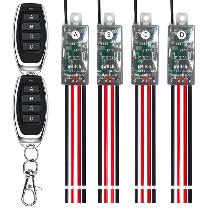 12v funkschalter,4 Wege kabelloser Lichtschalter DC 5V/12V/24V/5A Mini Relais 1 Kanal Wireless Licht