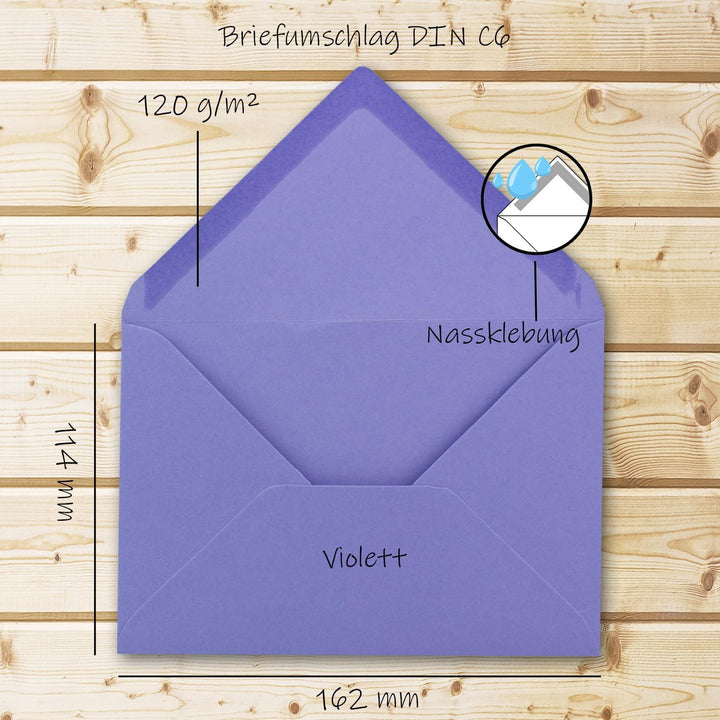 200 Brief-Umschläge - Violett - DIN C6-114 x 162 mm - Kuverts mit Nassklebung ohne Fenster für Gruss