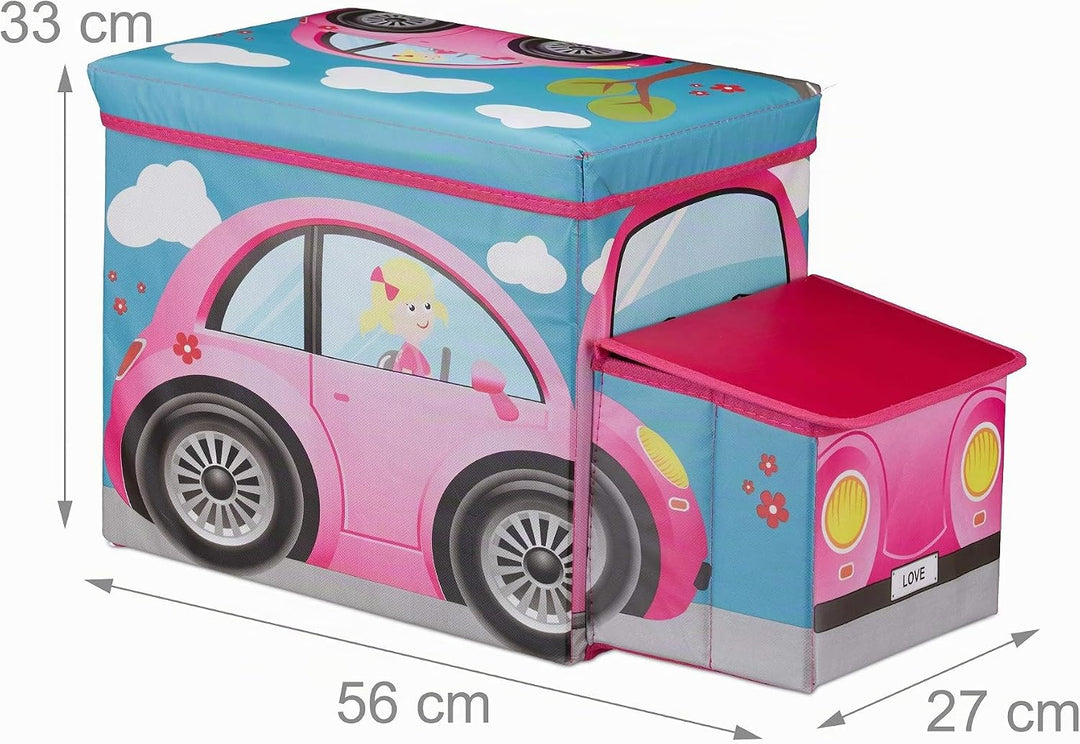 Relaxdays Sitzbox Kinder, Staubox mit Deckel, Spielzeug, faltbar, Motiv Auto, Stauraum, Jungen &amp; Mäd