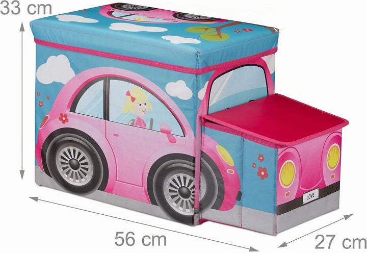 Relaxdays Sitzbox Kinder, Staubox mit Deckel, Spielzeug, faltbar, Motiv Auto, Stauraum, Jungen &amp; Mäd