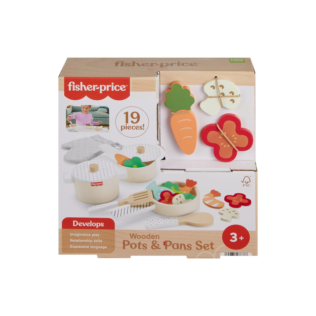 Fisher-Price Kochgeschirr-Set aus Holz für Rollenspiele, 19 Holzteile für Kindergartenkinder ab drei