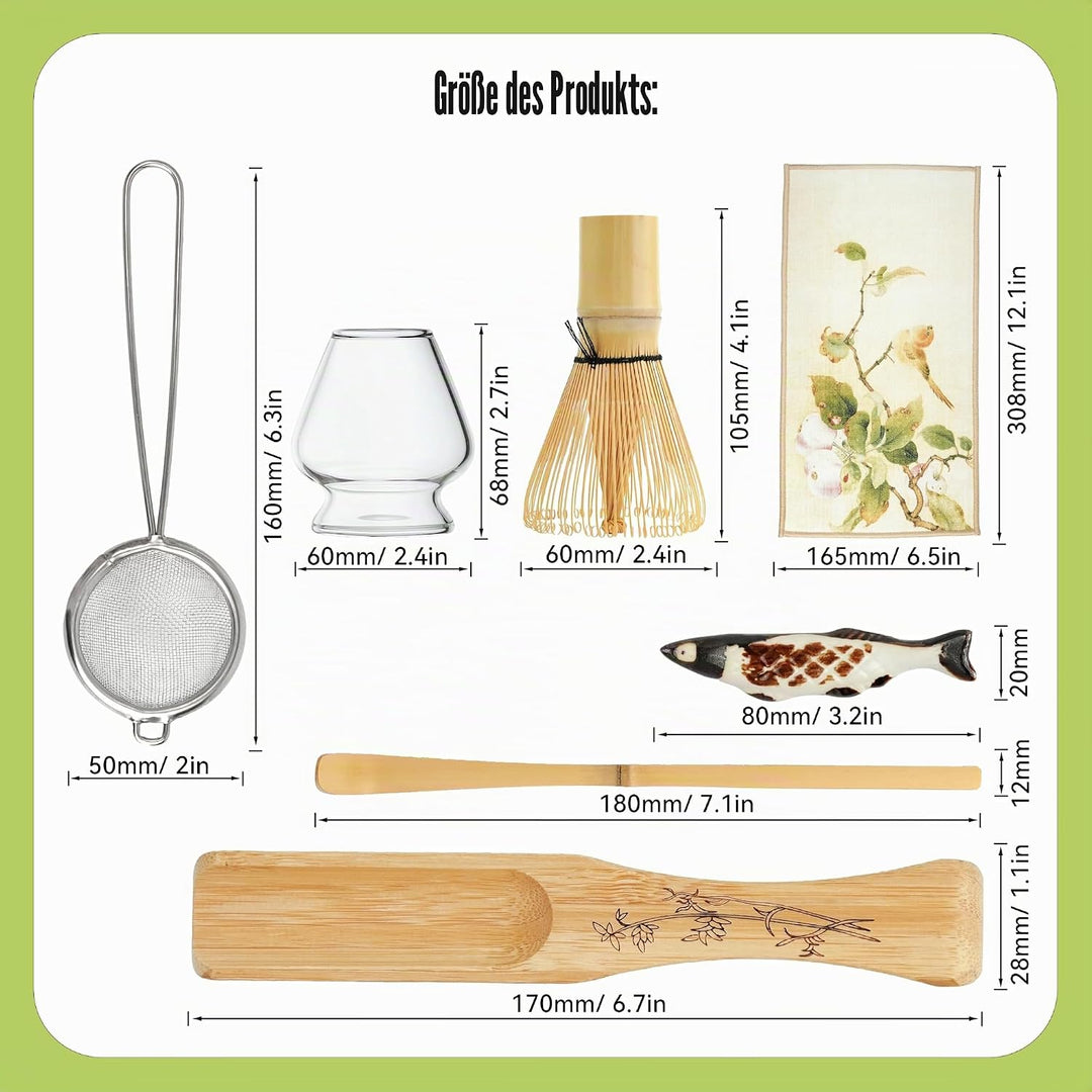 HEI MING Matcha Set hat 8 Teile, Zeremonielles Matcha Tee Set, Glas Matcha Schale und handgemachter