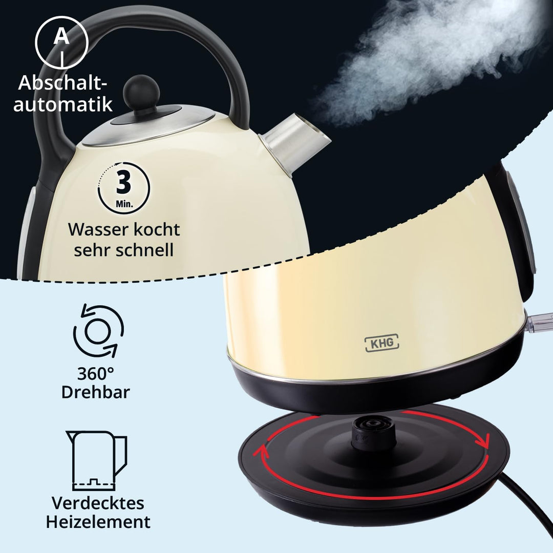 KHG WK-1711 (C) Wasserkocher Retro 1,7 Liter | Kessel-Wasserkocher in Creme | 360° Sockel | Kalkfilt