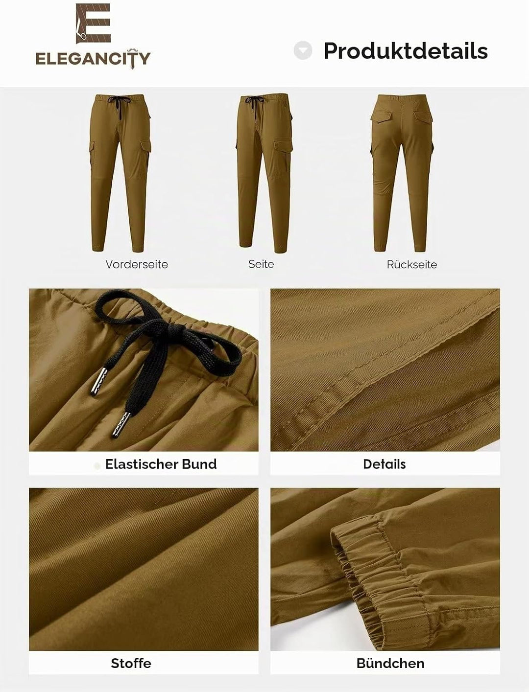 Cargohose Herren Chino Hose mit 6 Taschen Cargo Hose Stretch Jogginghose für Männer mit Bundgummi El