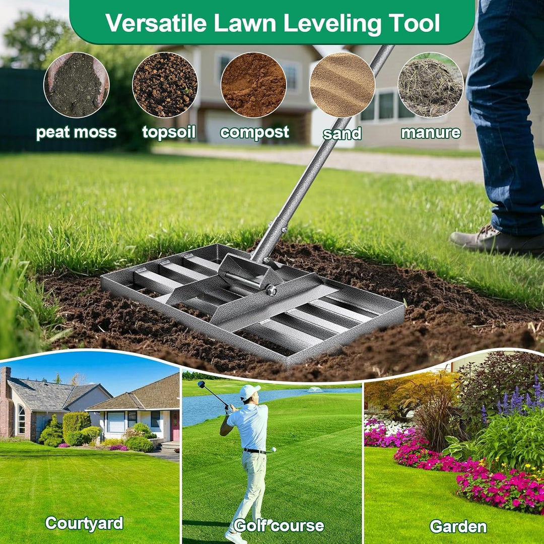 Rasenrakel 43x26 cm Schwerlast, Rasen Nivellierrechen mit glatter Kante und langem Griff, vollversch