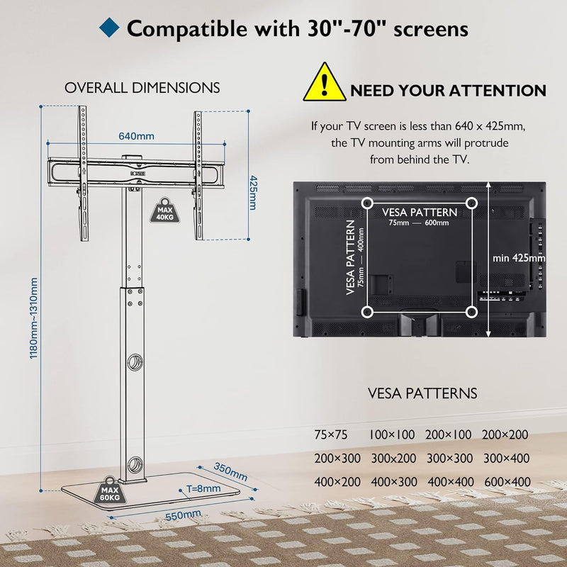 BONTEC TV Ständer Standfuss Fernsehstand für 30-70 Zoll Flach & Curved Fernseher bis zu 40 kg, Schwe