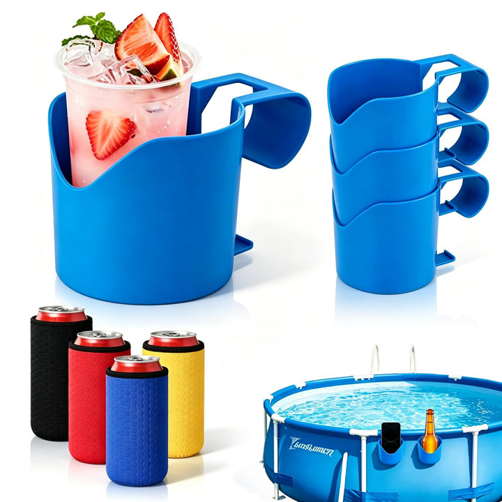 Pool Getränkehalter Set mit 4 Haltern und 4 Bierkühler Getränkehalter Pool zum Einhängen am Poolrand