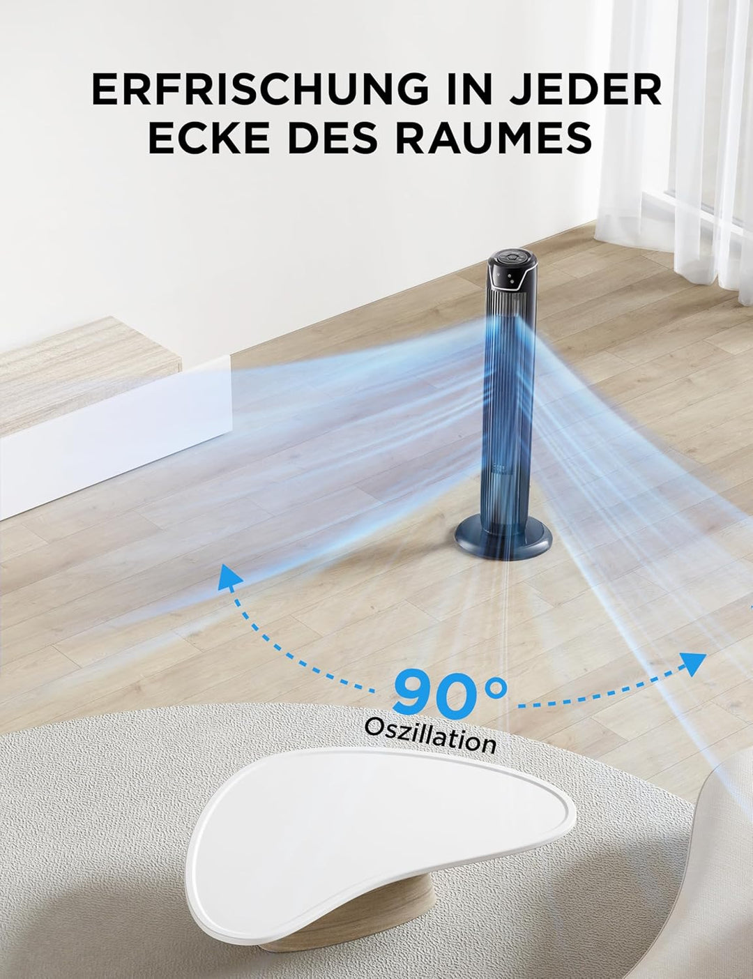 Midea FZ10-17JR Turmventilator Leise mit Fernbedienung 92CM, mobiler Lüfter,Ventilator Säulenventila