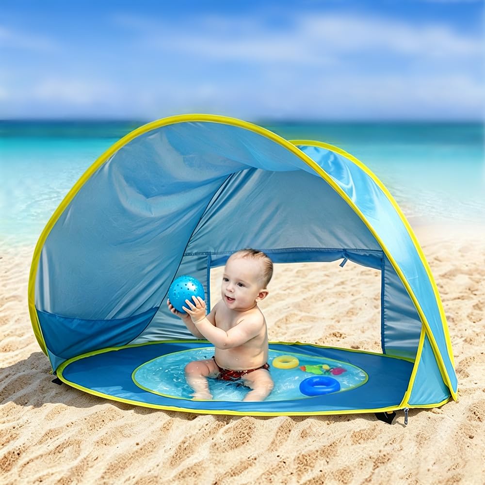 Strandmuschel Pop Up, Strandmuschel Baby UV Schutz 50, Sonnenschutz Strand mit Mini Pool, Baby Stran