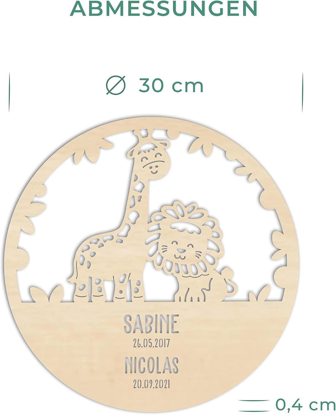 LAUBLUST Nachtlicht Kinderzimmer Personalisiert - Löwe & Giraffe - 30x0,4 cm - Natur - Wandlampe Hol