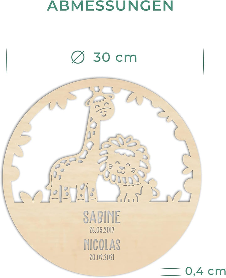 LAUBLUST Nachtlicht Kinderzimmer Personalisiert - Löwe & Giraffe - 30x0,4 cm - Natur - Wandlampe Hol