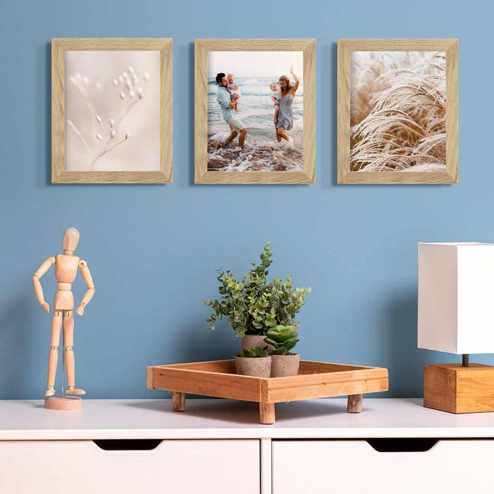 PHOTOLINI Bilderrahmen 20x25 cm Eiche Massivholz, breite Rahmen, 3er Set, modern, bruchsicheres Acry