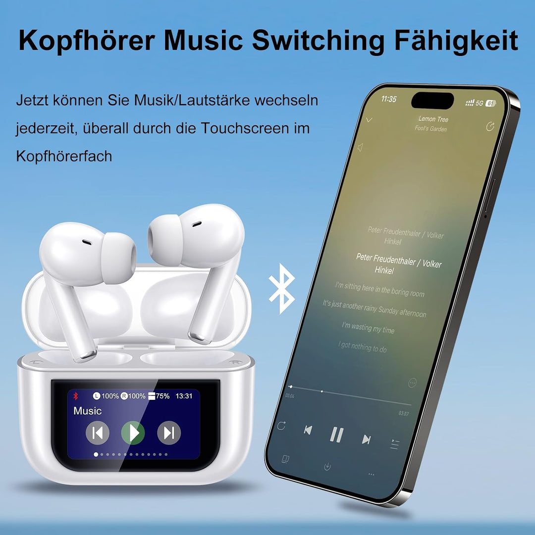 Bluetooth Kopfhörer, LED Full Color Touch Screen Wireless Earbuds, Weiss | Bluetooth 5.4, ANC+ENC No