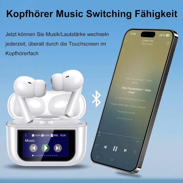 Bluetooth Kopfhörer, LED Full Color Touch Screen Wireless Earbuds, Weiss | Bluetooth 5.4, ANC+ENC No