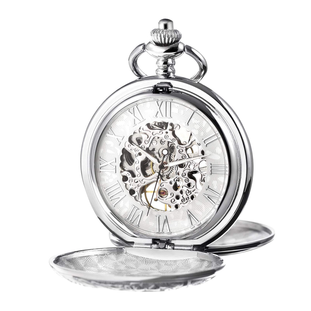 TREEWETO Unisex Taschenuhr mit Kette Mechanische Handaufzug Doppelscharnier Antik Skelett Römische Z