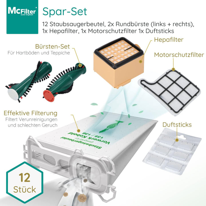 McFilter I Zubehör-Set 17-teilig geeignet für Vorwerk Kobold VK 135, 136, 135SC, 12 Staubsaugerbeute
