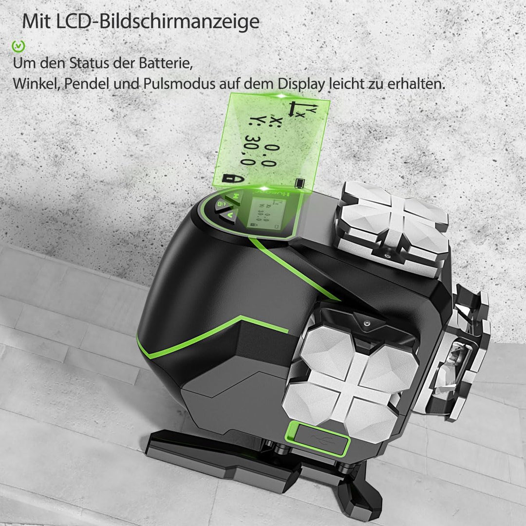 Huepar 16 Linien-selbstnivellierendes Laserniveau 4 x 360 ° mit LCD-Bildschirm, 4D Bluetooth Grüner