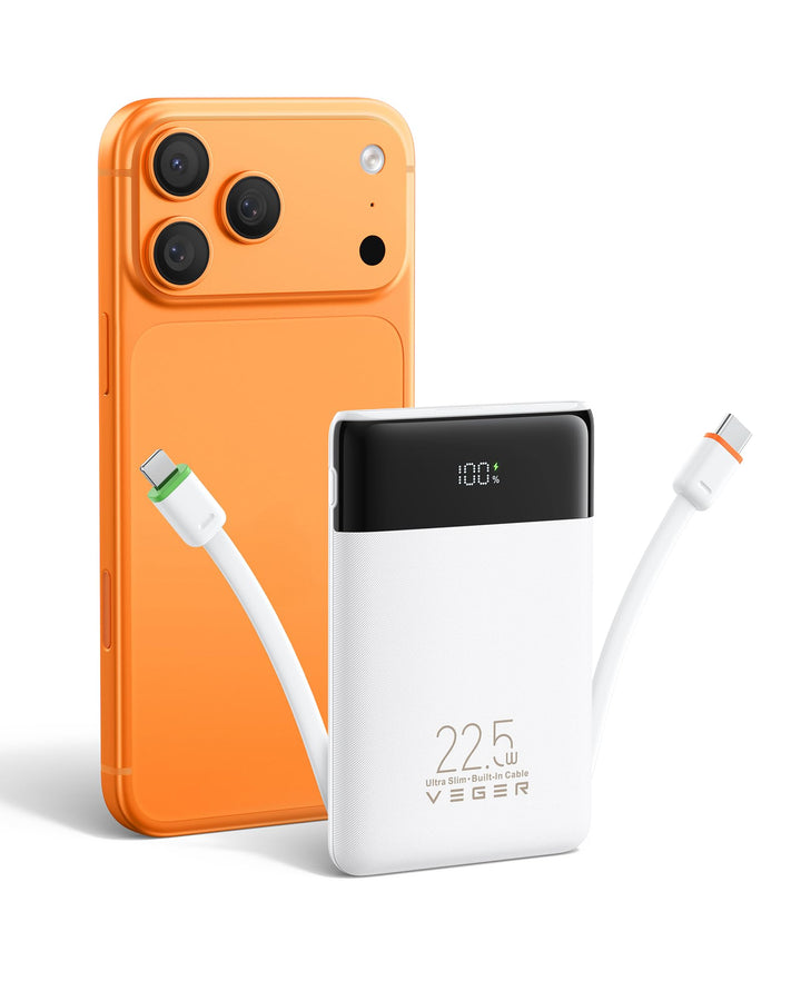 VEGER Power Bank 10000mAh Klein, 22.5W Schnellladung PowerBank mit Integriertem USB-C Kabel, Externe