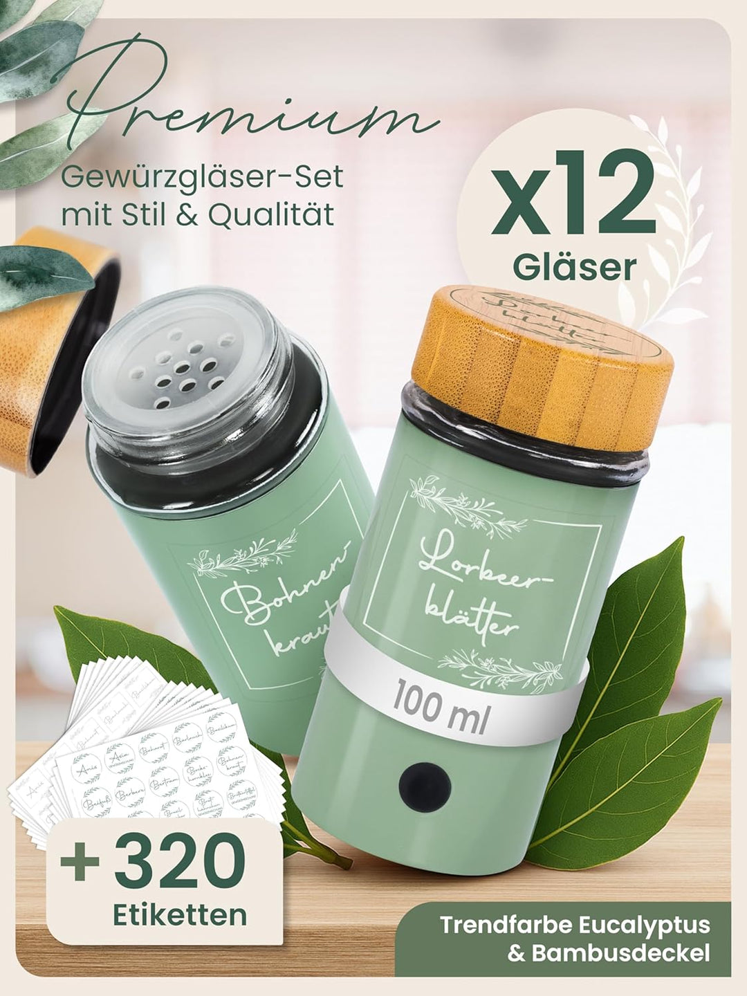 Fräulein Zimmerzauber - Gewürzgläser 12 Stück - Gewürze in deiner Küche ordentlich & modern aufbewah