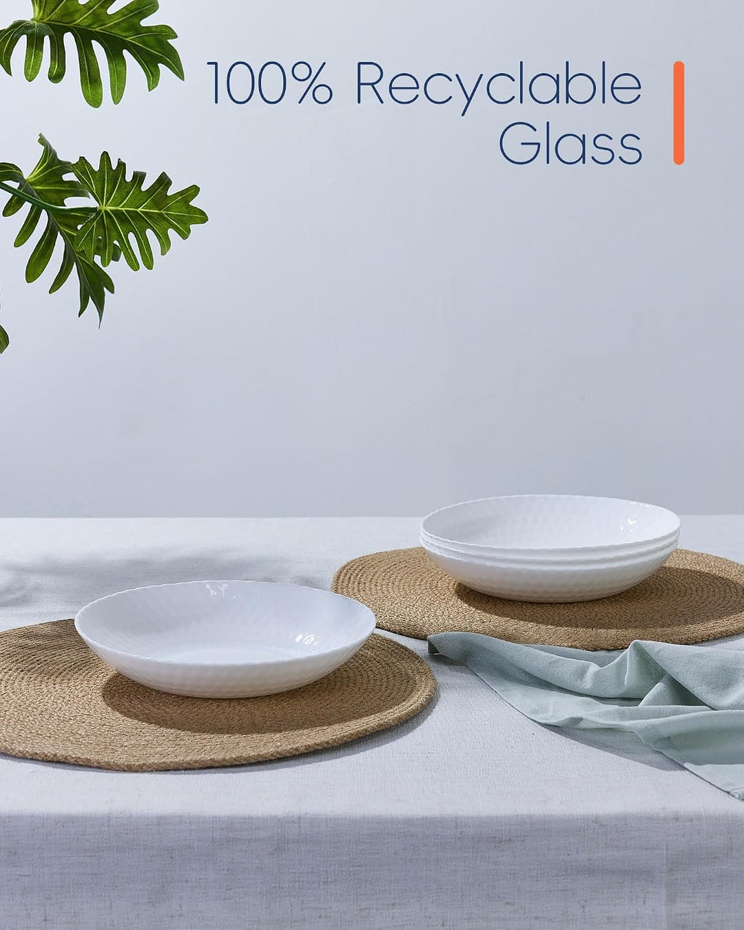 LaGlint 6er Set Opalglas-Pastaschalen, 887 ml, 21,5 cm, flache runde Schalen, weiss, mikrowellen- &amp;