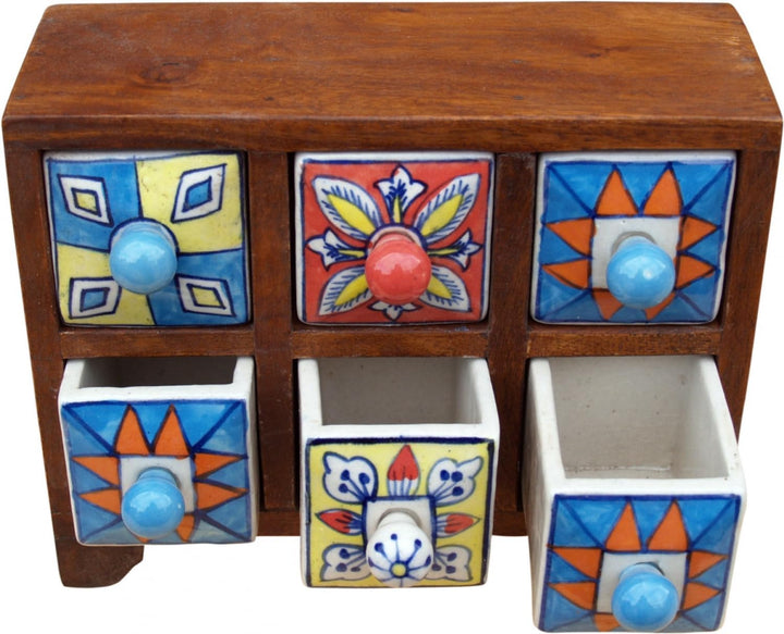 GURU SHOP Apothekerschränkchen mit Bunten Keramik Schubfächern, Gewürzkiste - 3x2 Fächer Modell 2, 1