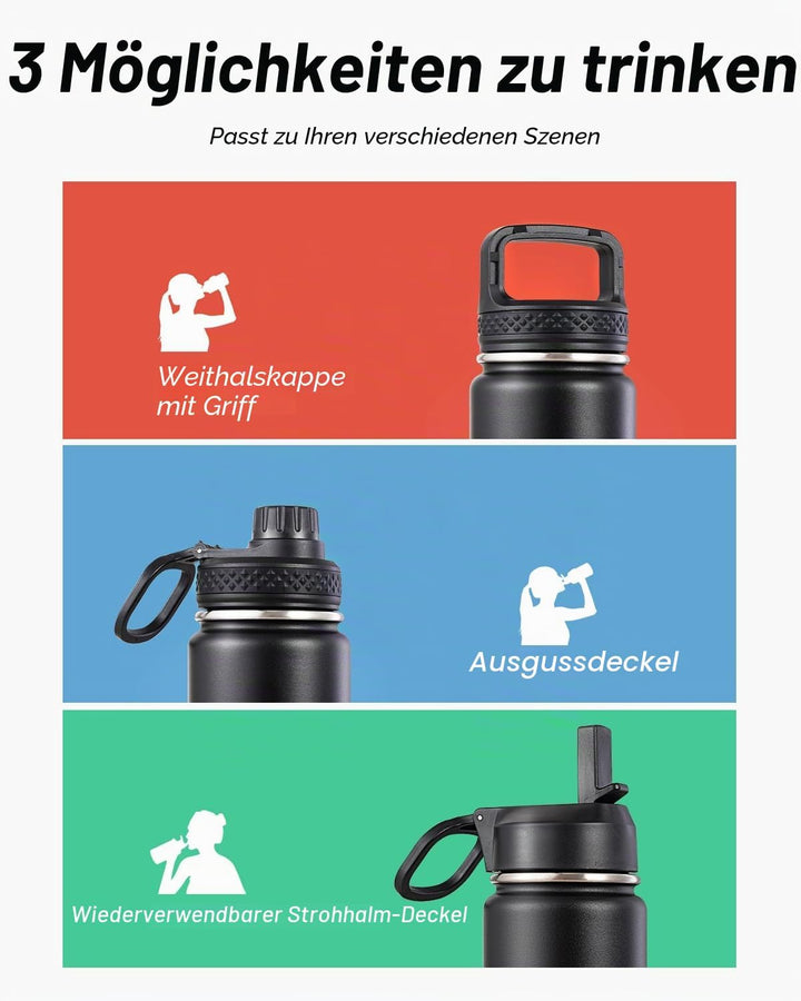 Coolflask Wasserflasche 590 ml, isoliert mit Strohhalm, Edelstahl, Metall, 3 Deckel, breite Öffnung,