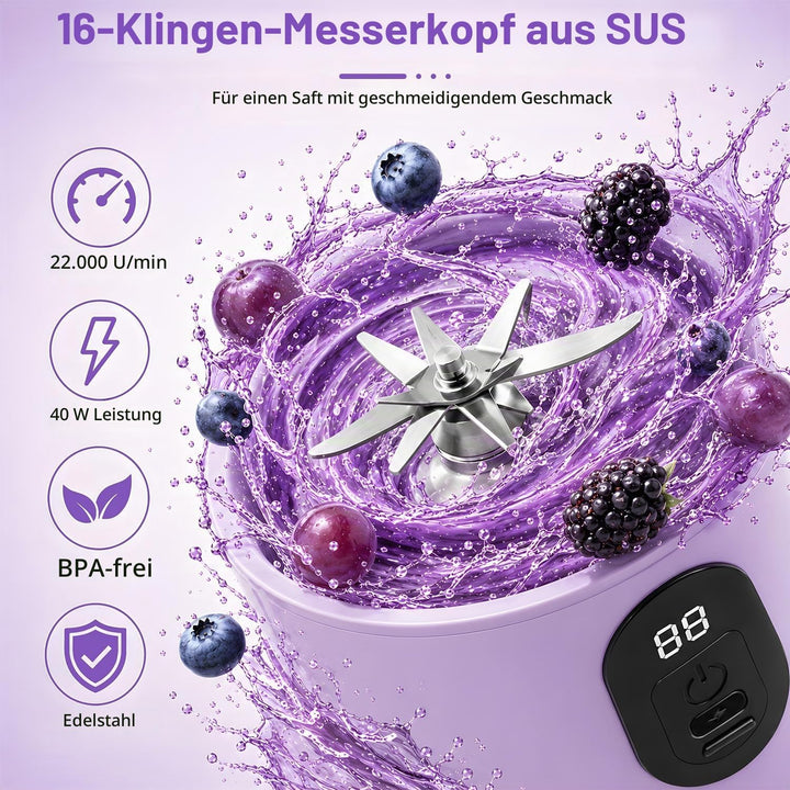 Tragbarer Mixer Smoothie Maker, 500 ml Mixer Smoothie Maker to Go mit Digitalanzeige, 16-Blatt MIXER