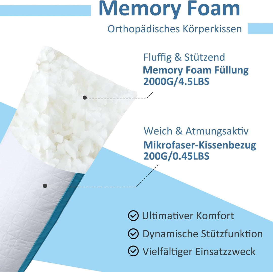 Flanhorest Memory Foam Seitenschläferkissen - 130x43cm Langes Kissen, 2kg Memory Schaum gefülltes We