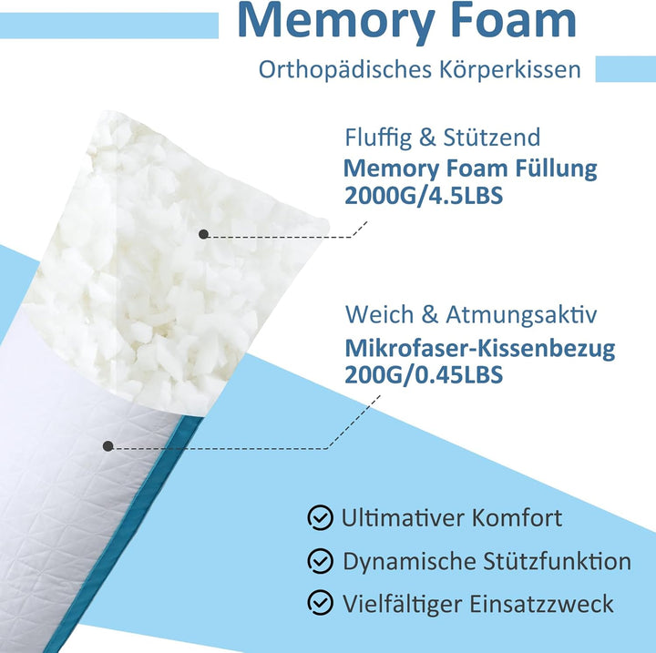 Flanhorest Memory Foam Seitenschläferkissen - 130x43cm Langes Kissen, 2kg Memory Schaum gefülltes We
