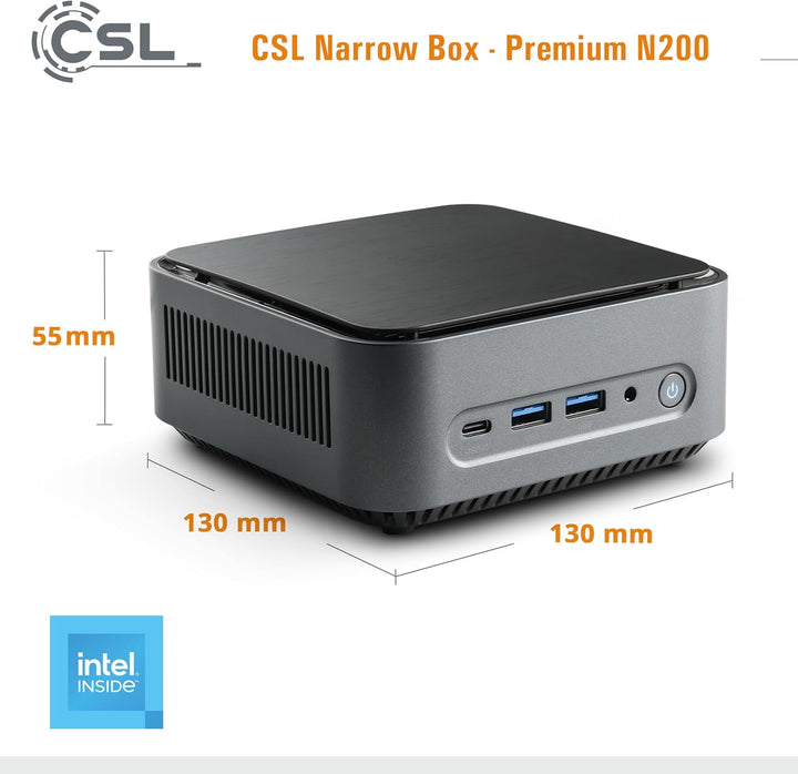 Mini PC CSL Narrow Box Premium Windows 11 Home lüfterlos, Intel N200 4X 3700 MHz Turbotakt, 1000 GB