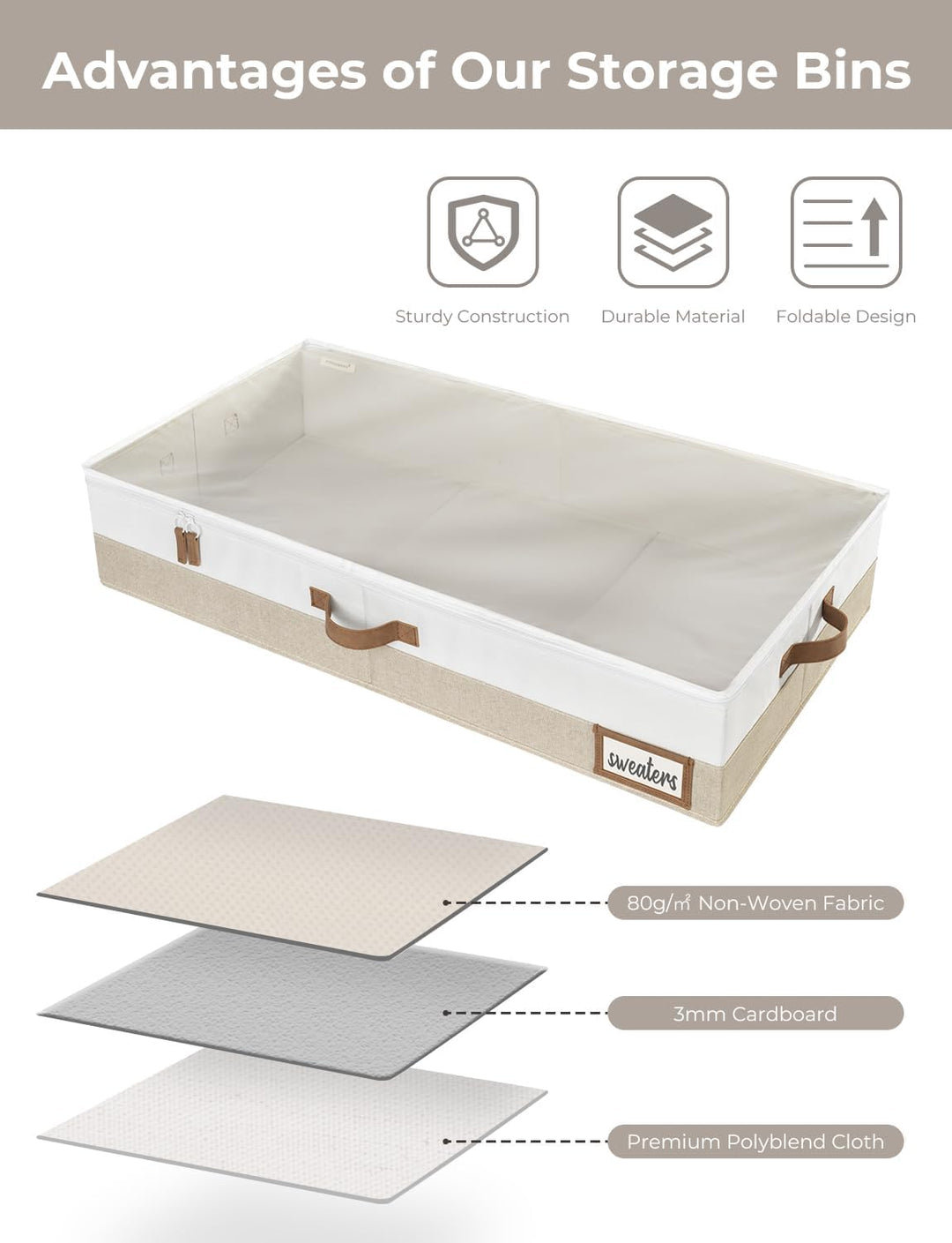 StorageWorks Unterbett Aufbewahrung, grosse Unterbett Aufbewahrungsbox mit Deckel Stoff, faltbare Un