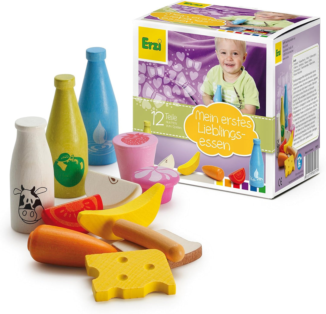 Erzi 28023 Kaufladensortierung für die Kleinsten aus Holz, Kaufladenartikel für Kinder, Rollenspiele