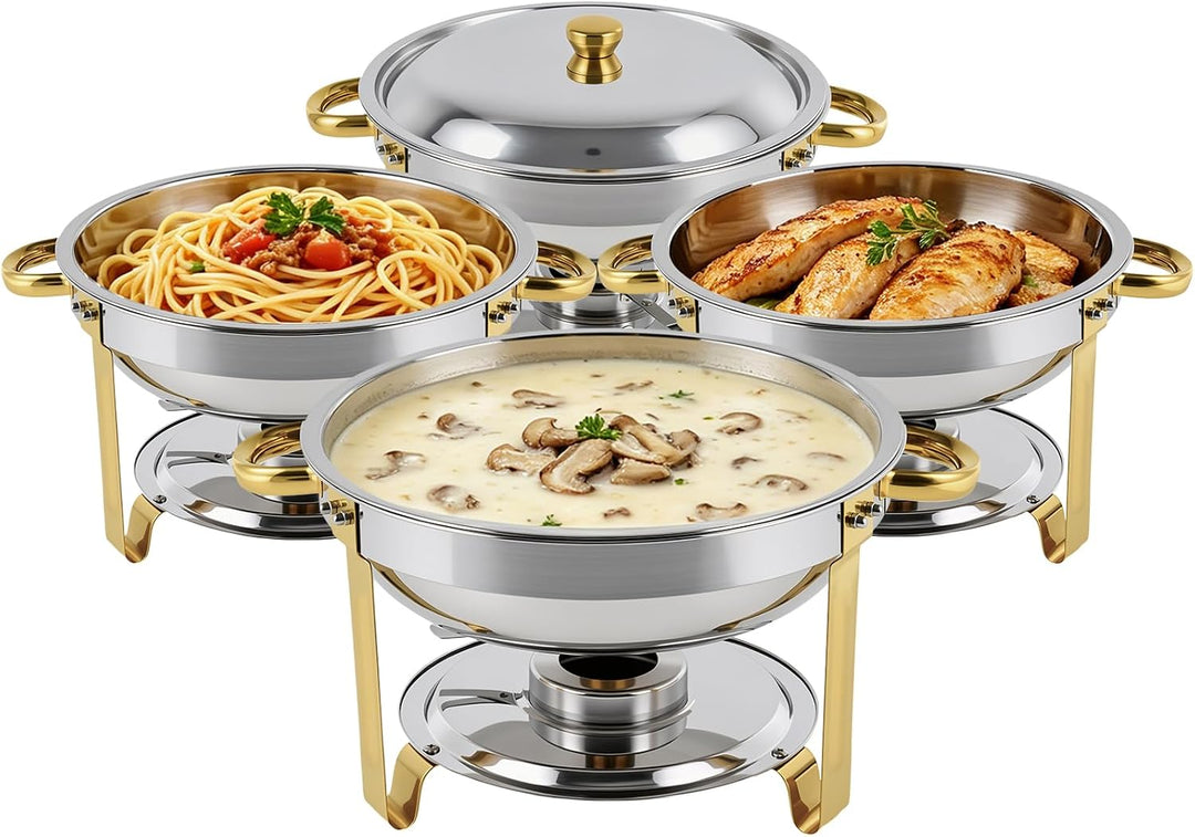 Chafing Dish Set 4er-Pack rund, 5 QT Edelstahl Buffetwärmer mit goldenen Griffen & Gestell, Elegante
