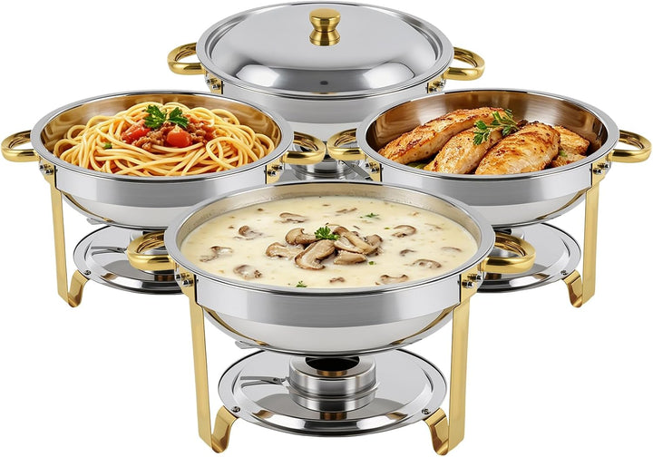 Chafing Dish Set 4er-Pack rund, 5 QT Edelstahl Buffetwärmer mit goldenen Griffen & Gestell, Elegante