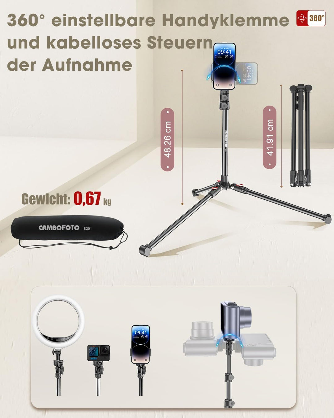 CAMBOFOTO 220cm Handy Stativ für Smartphone, 40cm Schwanenhals und Einstellbarer 360°-Kopf, Selfie S