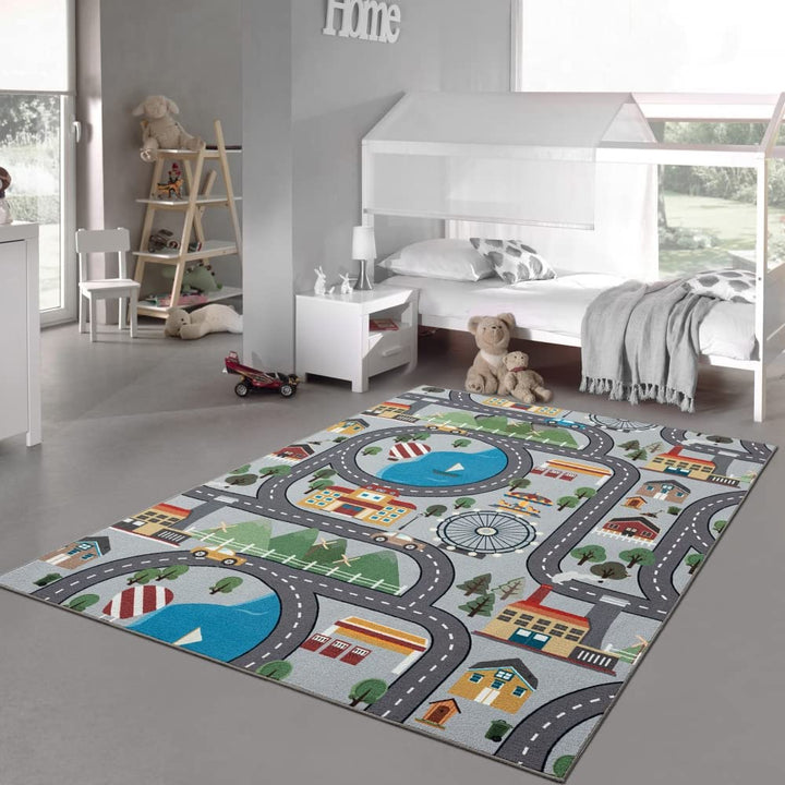 Teppich-Traum Kinder Spielteppich mit Stadtlandschaft auf Hintergrund in grau Grösse 160x220 cm