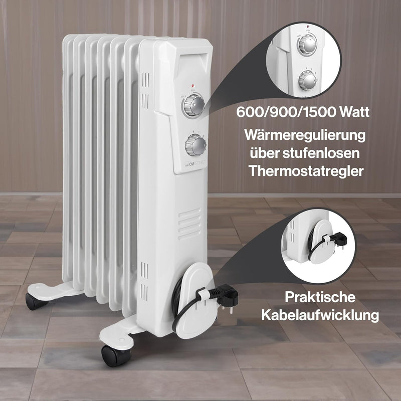 Clatronic RA 3735 7 Rippen-Ölradiator, mobiler Heizkörper, 1500 Watt, stufenloser Thermostatregler,