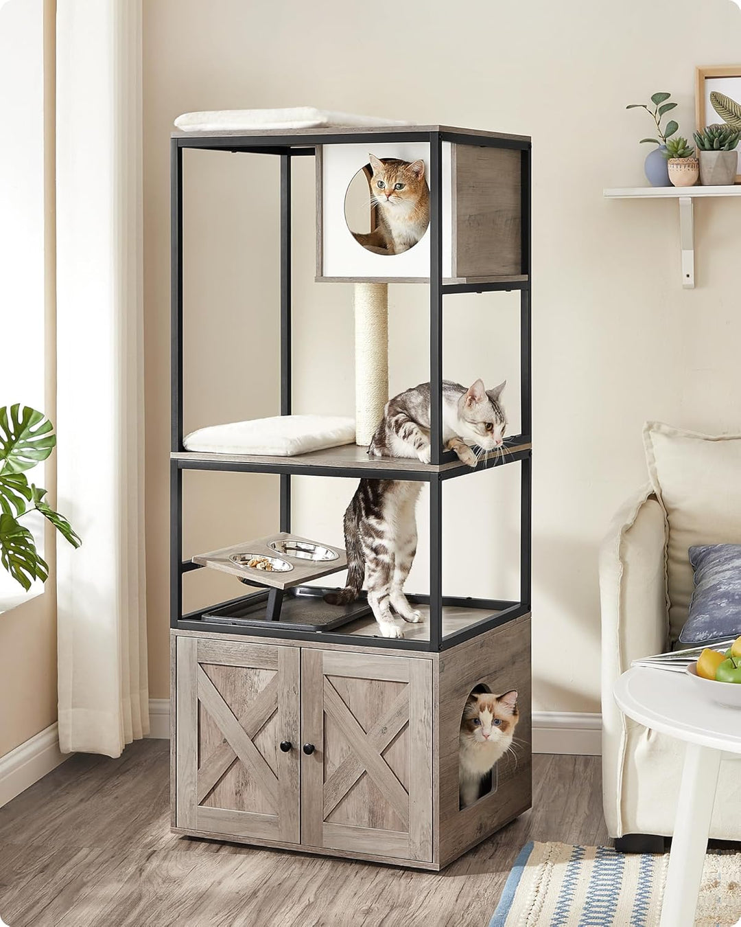 Feandrea Kratzbaum, Katzenbaum, Katzenhaus mit Katzenklo-Schrank, erhöhter Napfständer, Sisalstamm,