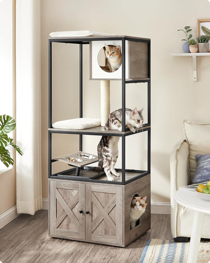 Feandrea Kratzbaum, Katzenbaum, Katzenhaus mit Katzenklo-Schrank, erhöhter Napfständer, Sisalstamm,