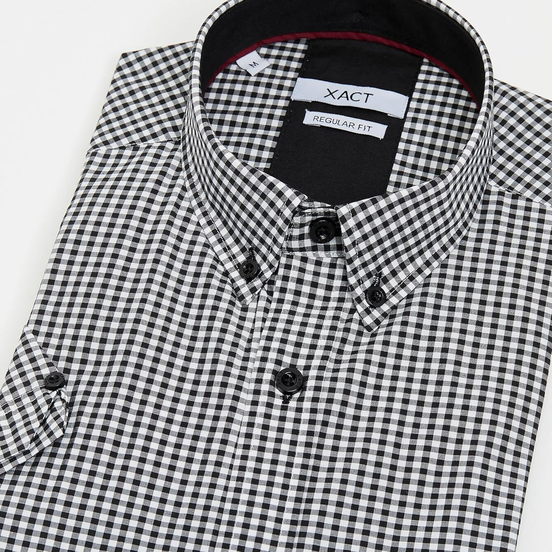 Xact Herren Kurzarmhemd mit Gingham-Karo, Button-Down-Kragen, Normale Passform M Black/ White, M Bla