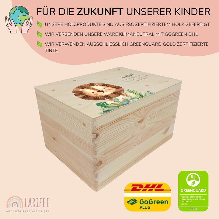 LARIFEE Erinnerungskiste personalisiert Löwe mit Name – Baby Erinnerungsbox Holz gross 40x30x23 cm –