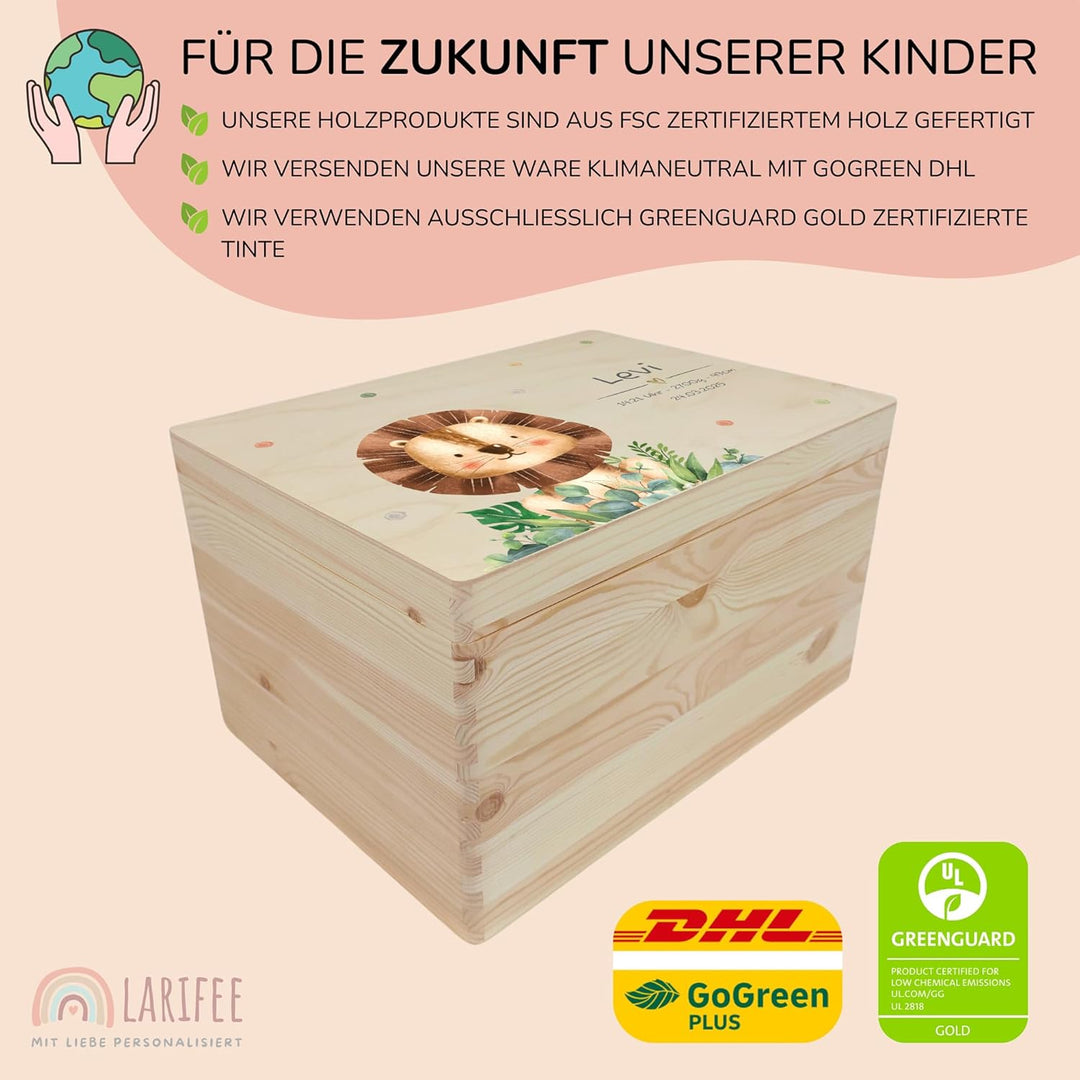 LARIFEE Erinnerungskiste personalisiert Löwe mit Name – Baby Erinnerungsbox Holz klein 30x20x14 cm –
