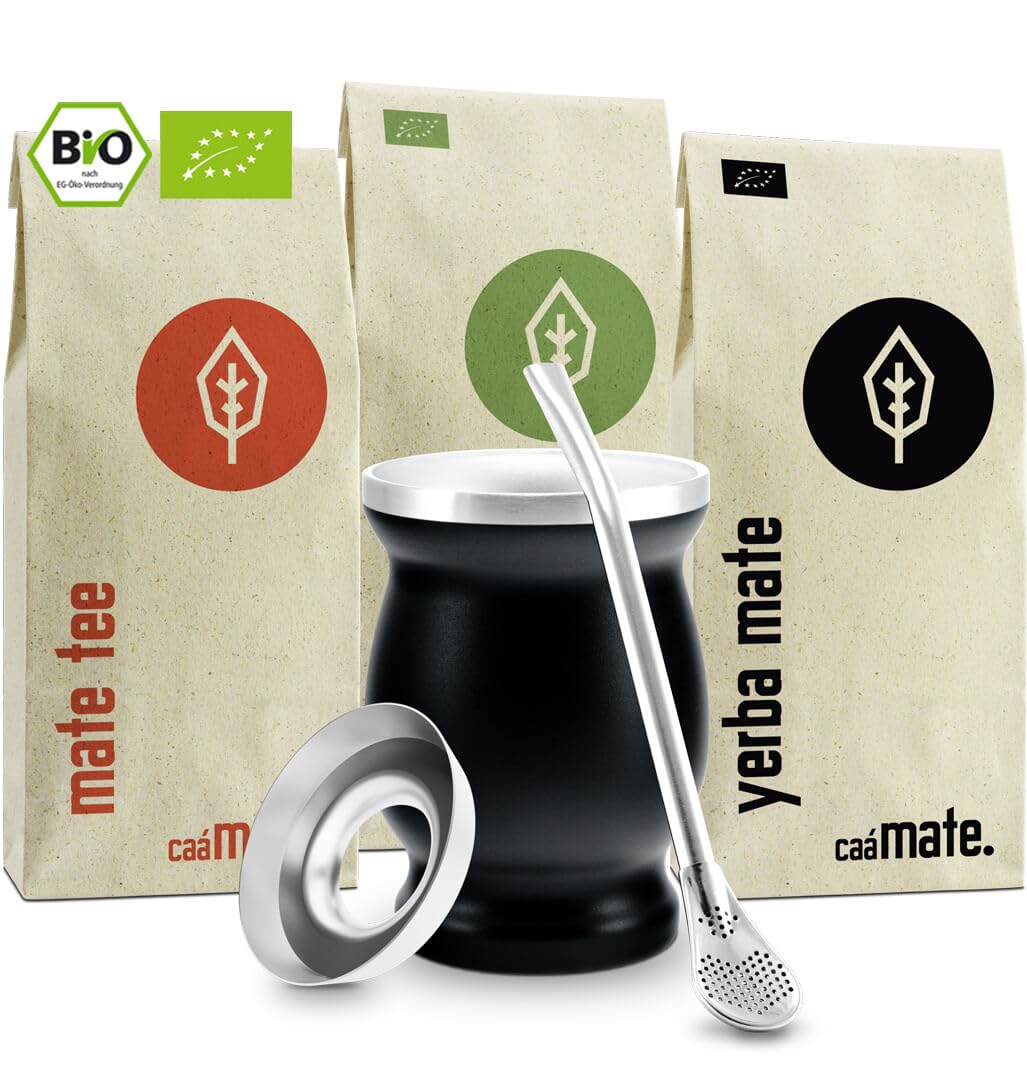 Mate Tee Set Bio ● 3 Matesorten + doppelwandiger Edelstahl Matebecher + Bombilla + Zubereitungsanlei