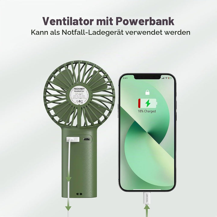 TECKNET Tragbarer Handventilator mit 5200mAh Akku, Wiederaufladbar, Grün | 3 Einstellbare Geschwindi