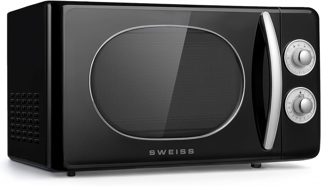 SWEISS Vintage-Mikrowelle MOVI9, 20L Schwarz, 700W, 6 Kochstufen, Auftaufunktion, Drehteller 24,5 cm