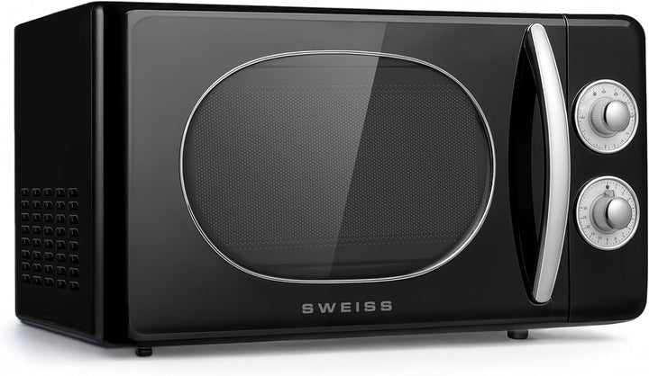 SWEISS Vintage-Mikrowelle MOVI9, 20L Schwarz, 700W, 6 Kochstufen, Auftaufunktion, Drehteller 24,5 cm